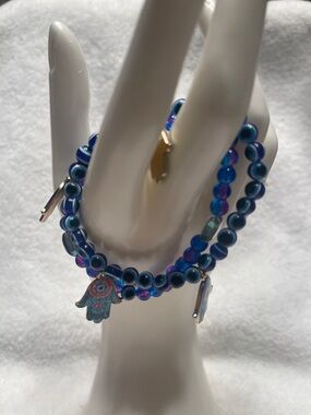 Blue Hamsa Charm Beaded Bracelet - Unbranded